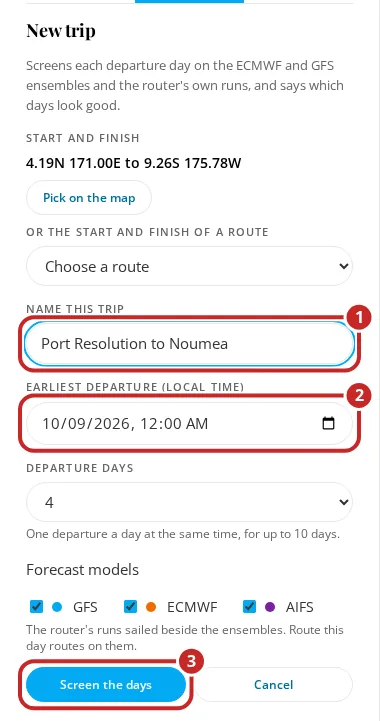 The New trip form with the trip name marked 1, the earliest departure marked 2 and Screen the days marked 3.