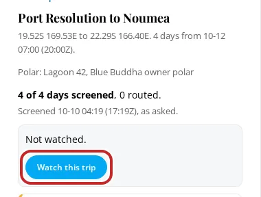 The trip's watch box, showing Not watched, with Watch this trip marked.