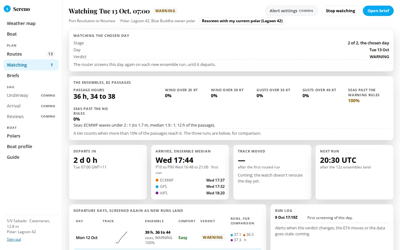 The Watching page: the stage card, the ensembles' numbers, cards for departs in, arrival, track moved and next run, the departure days table and the run log.