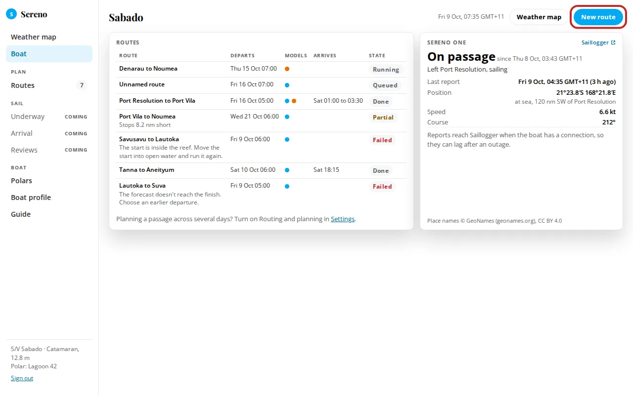 The Boat page with the New route button marked at the top right.