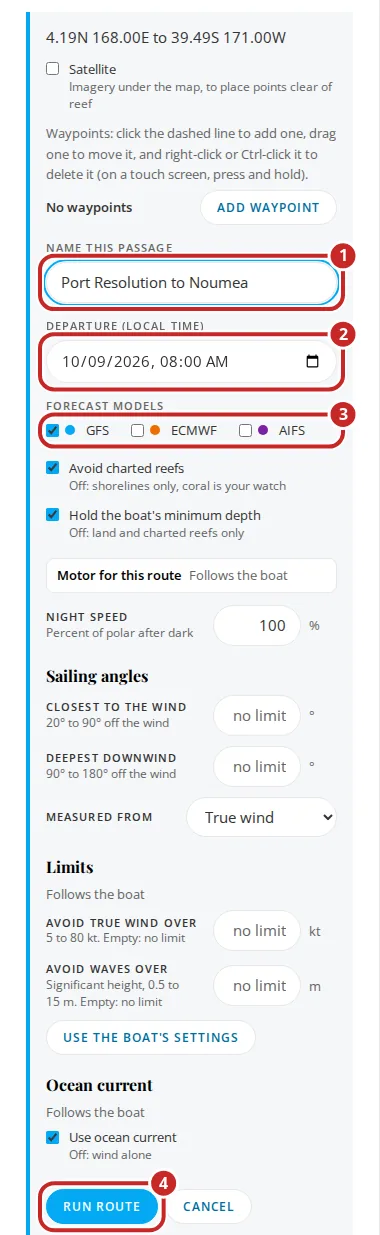 The New route form with Name this passage marked 1, Departure marked 2, Forecast models marked 3 and Run route marked 4.