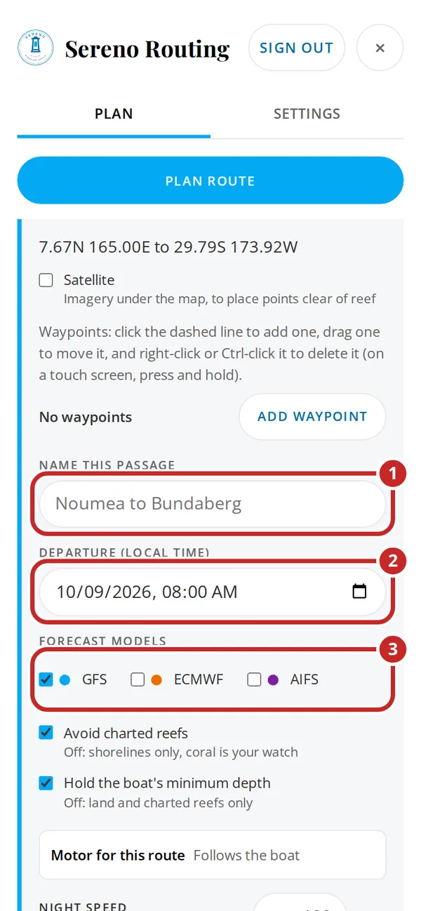 A phone showing the form, with the name, departure and models marked 1 to 3.