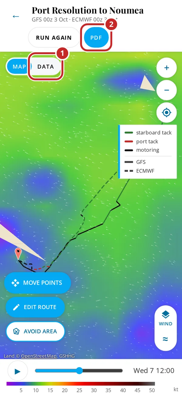 A phone showing a finished route, with Data marked 1 and PDF marked 2.