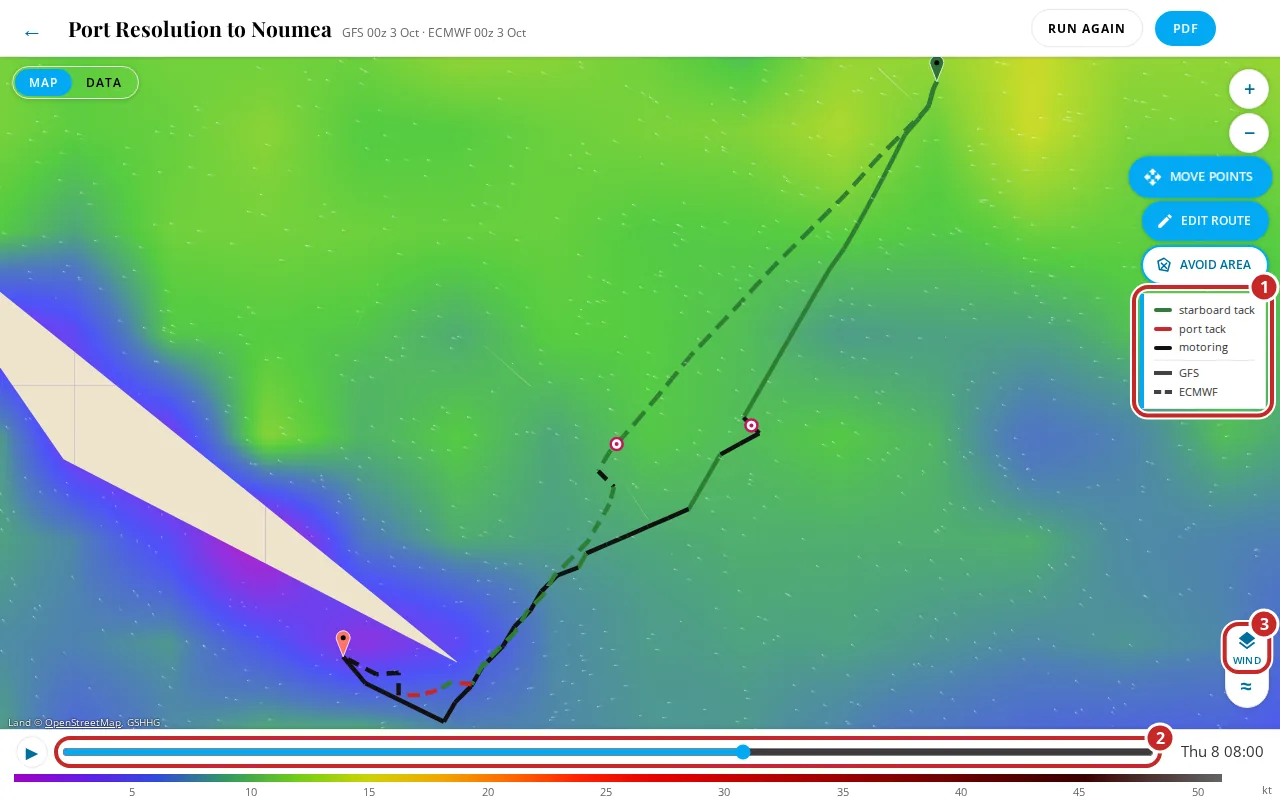 A route on the map with the key marked 1, the time slider marked 2 and the weather layer button marked 3.