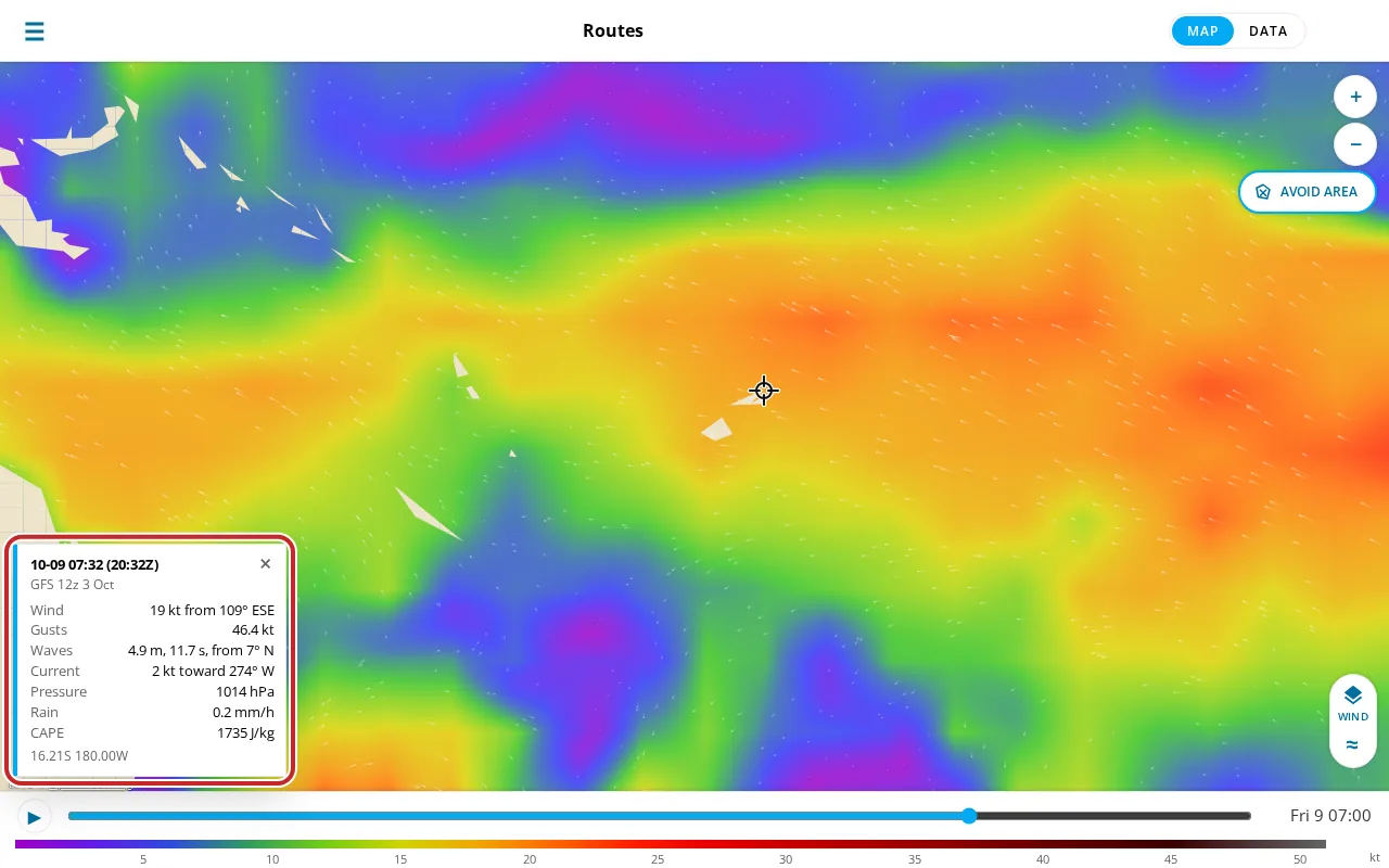The weather at a point box over the map, marked.