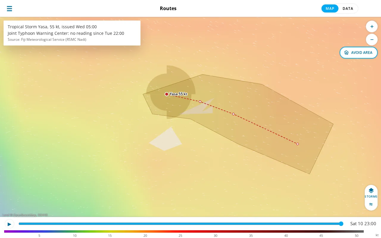The Storms layer near Fiji: Tropical Storm Yasa's marker labeled Yasa 55 kt, its dashed forecast track with three points, the shaded cone and wind radii, and the note box listing the storm, a center with no recent reading, and the source.