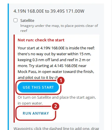 The refusal in the form, with Use this start marked 1 and Run anyway marked 2.