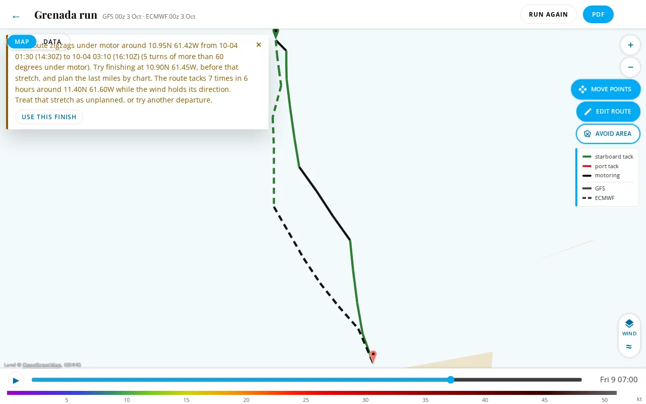A flagged route with the warning bar over the map naming the stretch and suggesting a finish.