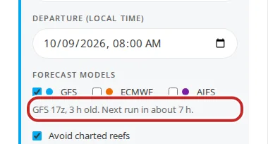 The forecast models in the New route form, with the line under them that gives each model's age, marked.
