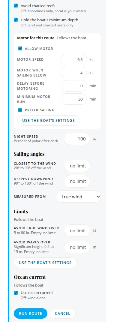 The lower part of the New route form: reef and depth switches, Motor for this route opened, Polar, Sailing angles, Limits and Ocean current.