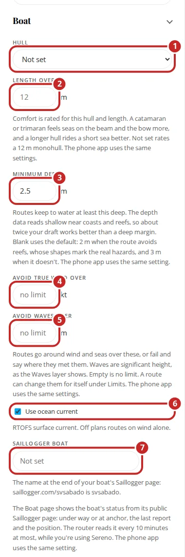 The Boat section of Settings with Hull, Length overall, Minimum depth, the two limits, Use ocean current and Saillogger boat marked 1 to 7.