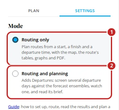 The top of Settings with the two choices, Routing only marked 1 and Routing and planning marked 2.