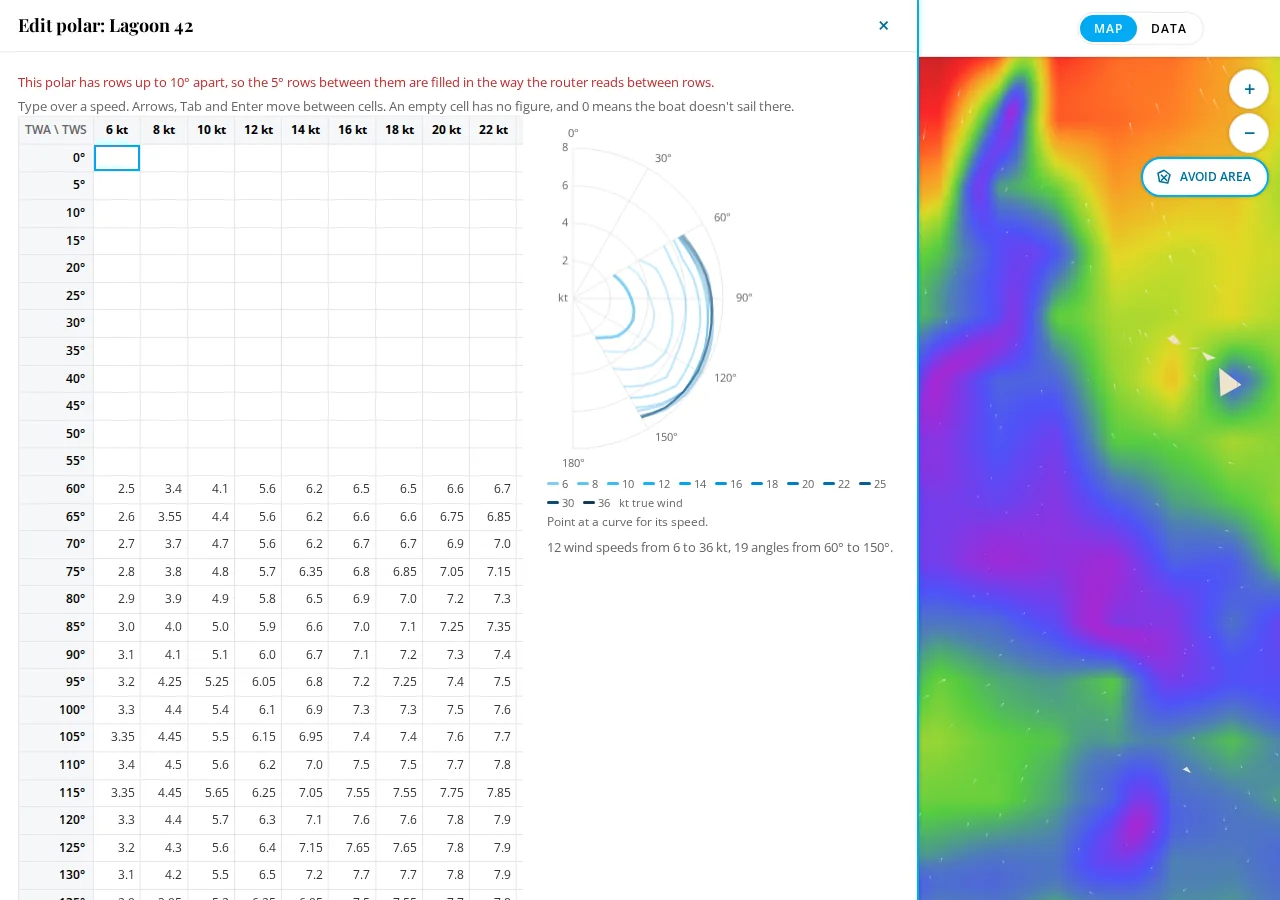 The polar editor, a table of boat speeds by true wind angle and speed.