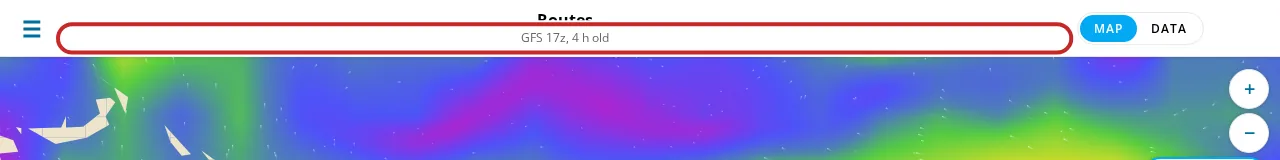 The map's title bar with the line that gives each model's run and age, marked.