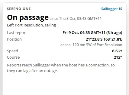 The Sereno One card on the Boat page, showing a boat on passage with its last report, position, speed and course.